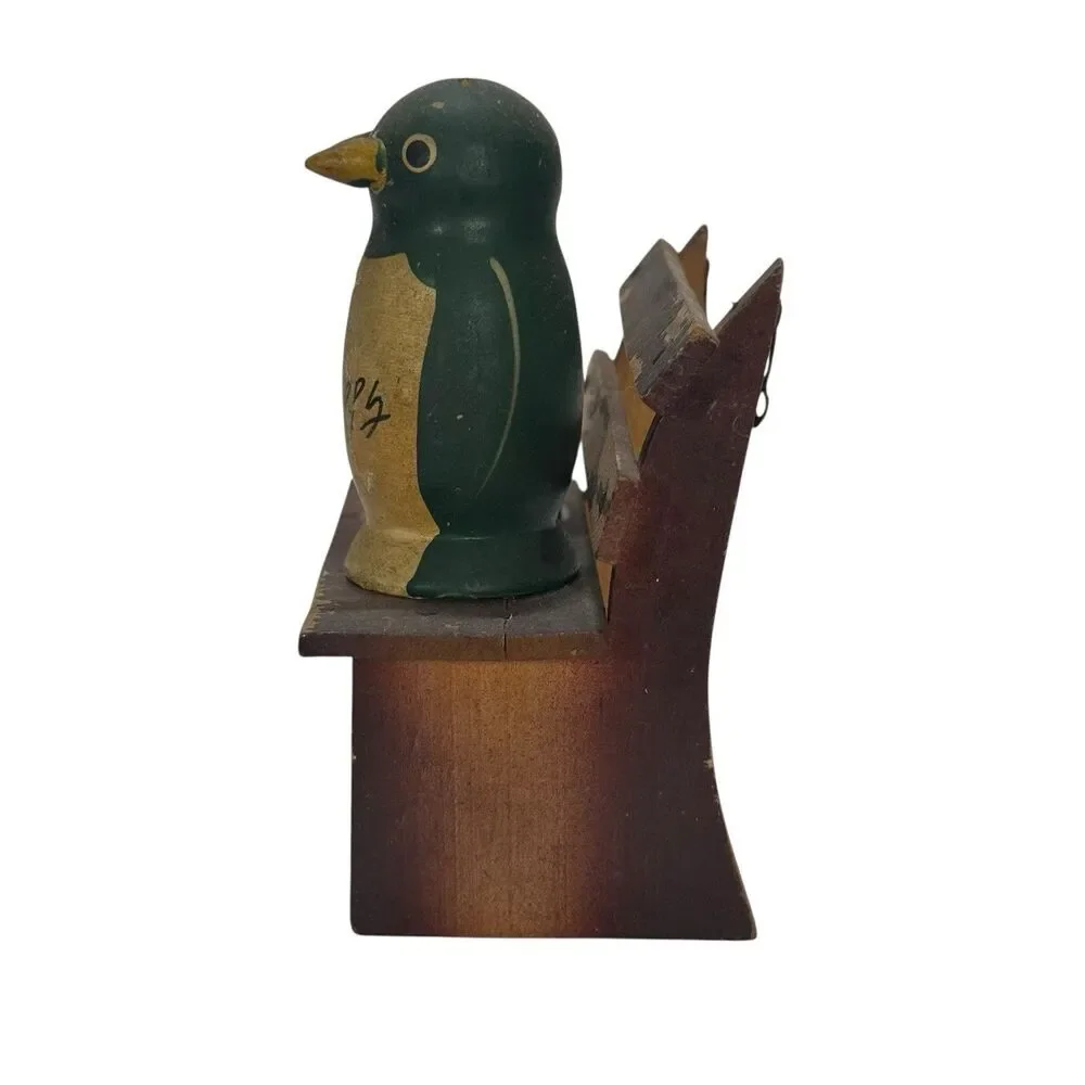 Vintage 50’s Wooden Bird Salt Pepper Shaker Set On Park Bench Japan Penguin